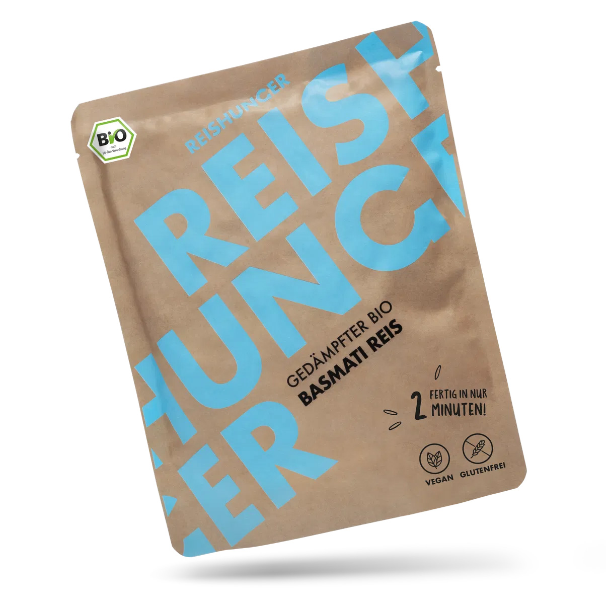 erpackung von Mikrowellenreis Basmati von Gruber’s Feinkost, weiß-blaue Tüte mit Produktabbildung und Logo.