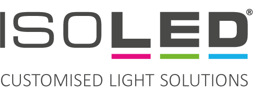 Logo von ISOLED mit dem Schriftzug "ISOLED®" in dunkler Schrift und farbigen Unterstreichungen in Pink, Grün und Blau, darunter der Slogan "CUSTOMISED LIGHT SOLUTIONS".
