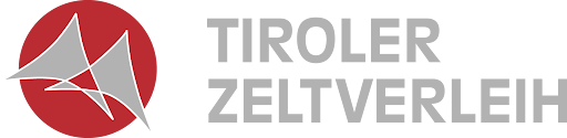 Das Bild zeigt das Logo von "Tiroler Zeltverleih" mit einem roten Kreis und stilisierten Zeltformen sowie dem Firmennamen in grauer Schrift. 