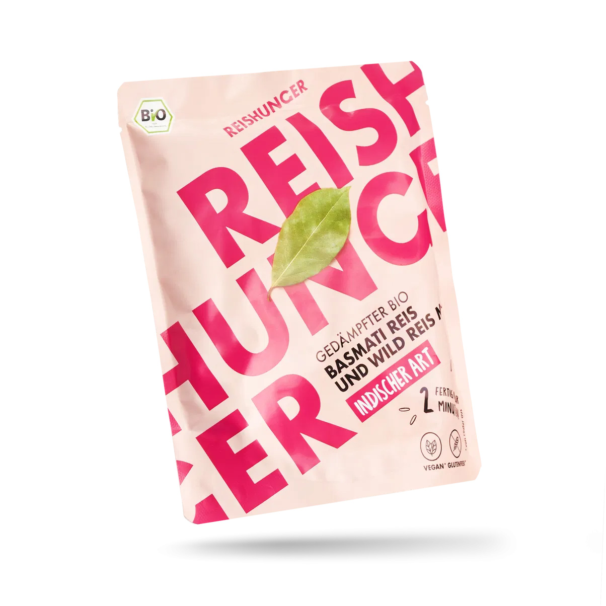 Verpackung von Reishunger gedämpftem Bio-Basmati- und Wildreis indischer Art mit auffälligem pinkem Design und Lorbeerblatt als Dekoration.
