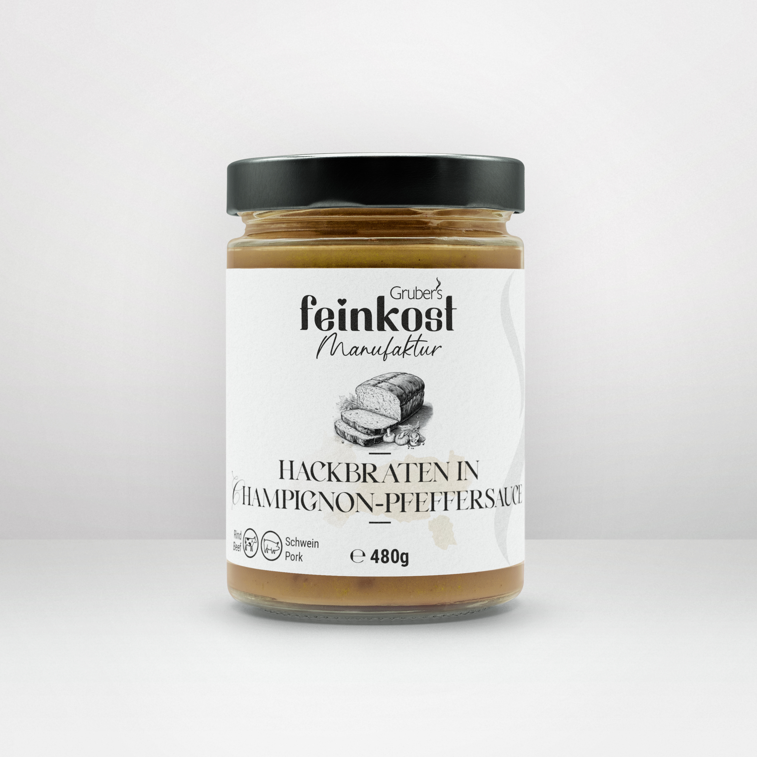 Glas mit Hackbraten in Champignon-Pfeffersauce von Gruber’s Feinkost, 480g.