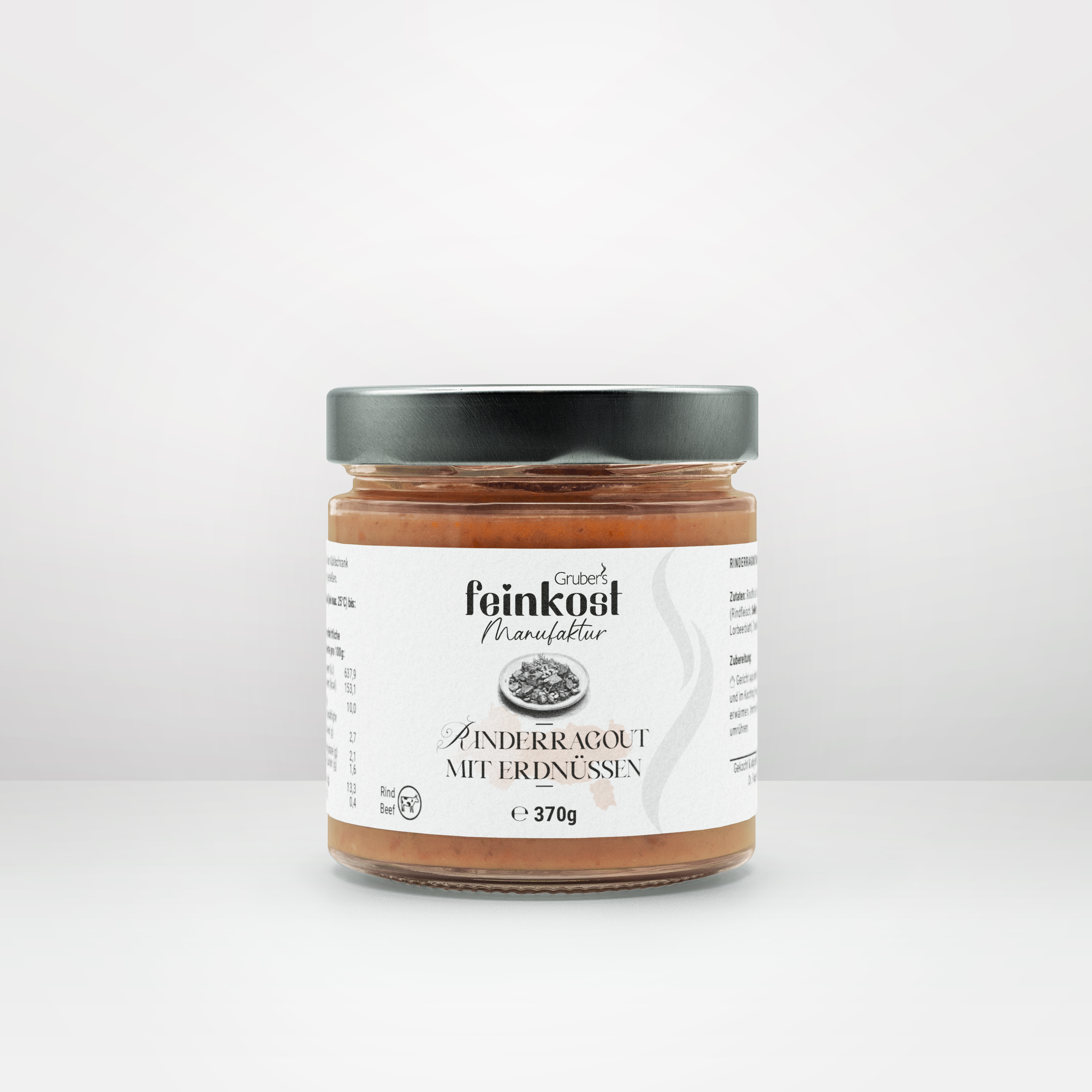 Glas mit Rinderragout mit Erdnüssen (370 g) von Gruber’s Feinkost, hochwertig verpackt mit Etikett.