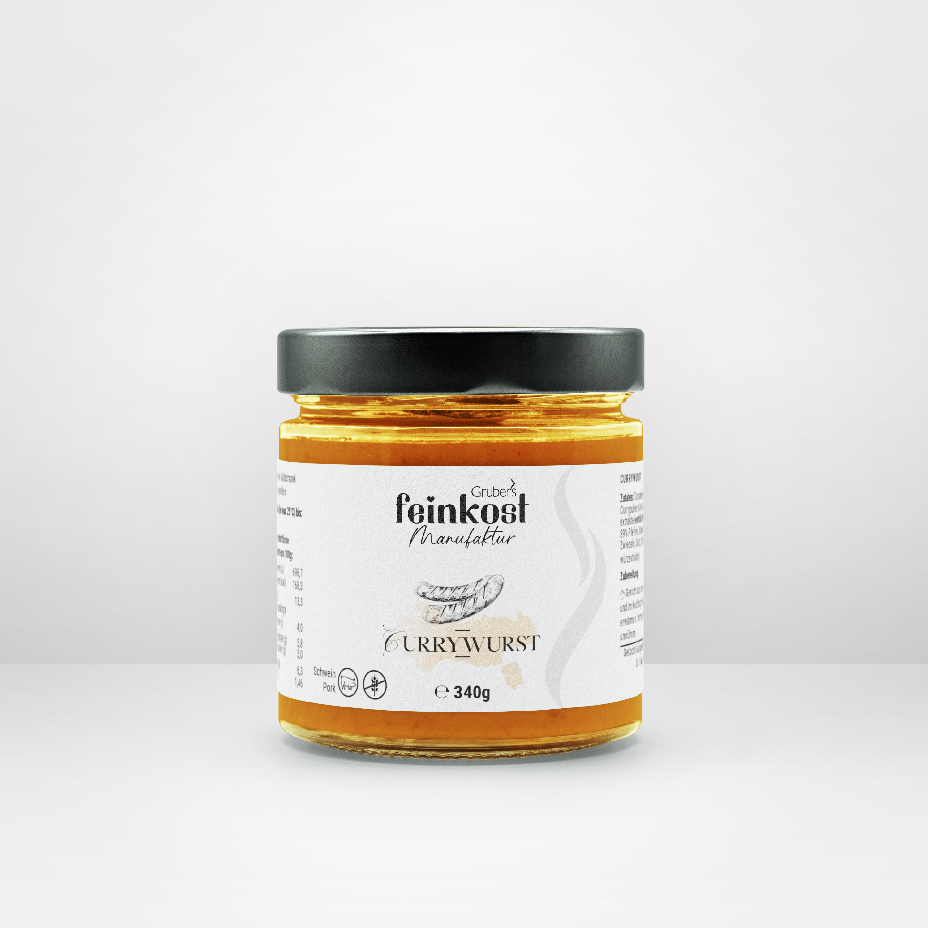 Glas mit Currywurst von Gruber’s Feinkost, 410g.