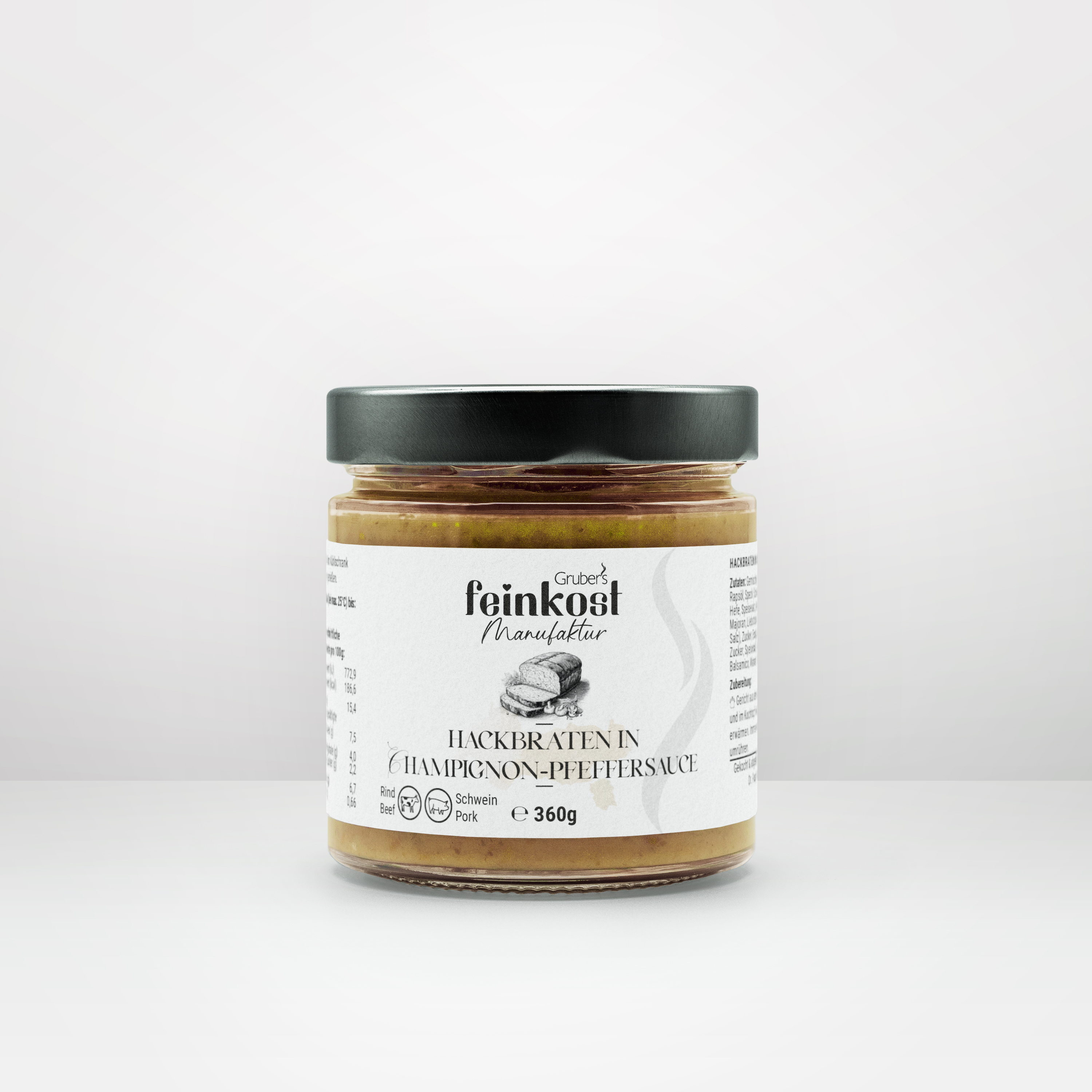 Glas mit Hackbraten in Champignon-Pfeffersauce von Gruber’s Feinkost, 360g.