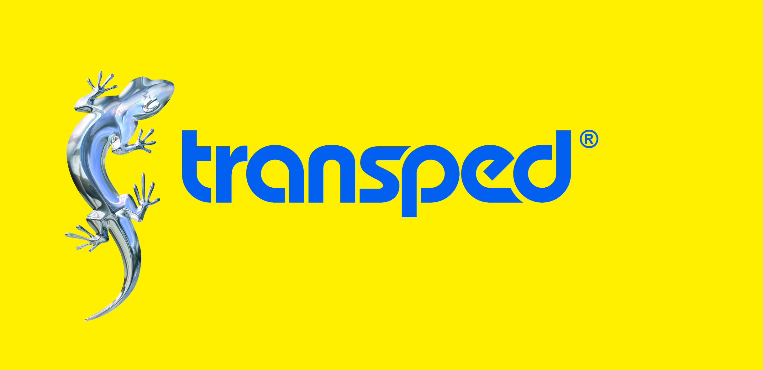 Das Bild zeigt das Logo von Transped, mit einem gelben Hintergrund, blauer Schrift und einem silbernen Gecko. Es wirkt modern und dynamisch, passend für ein Logistik- oder Transportunternehmen. 