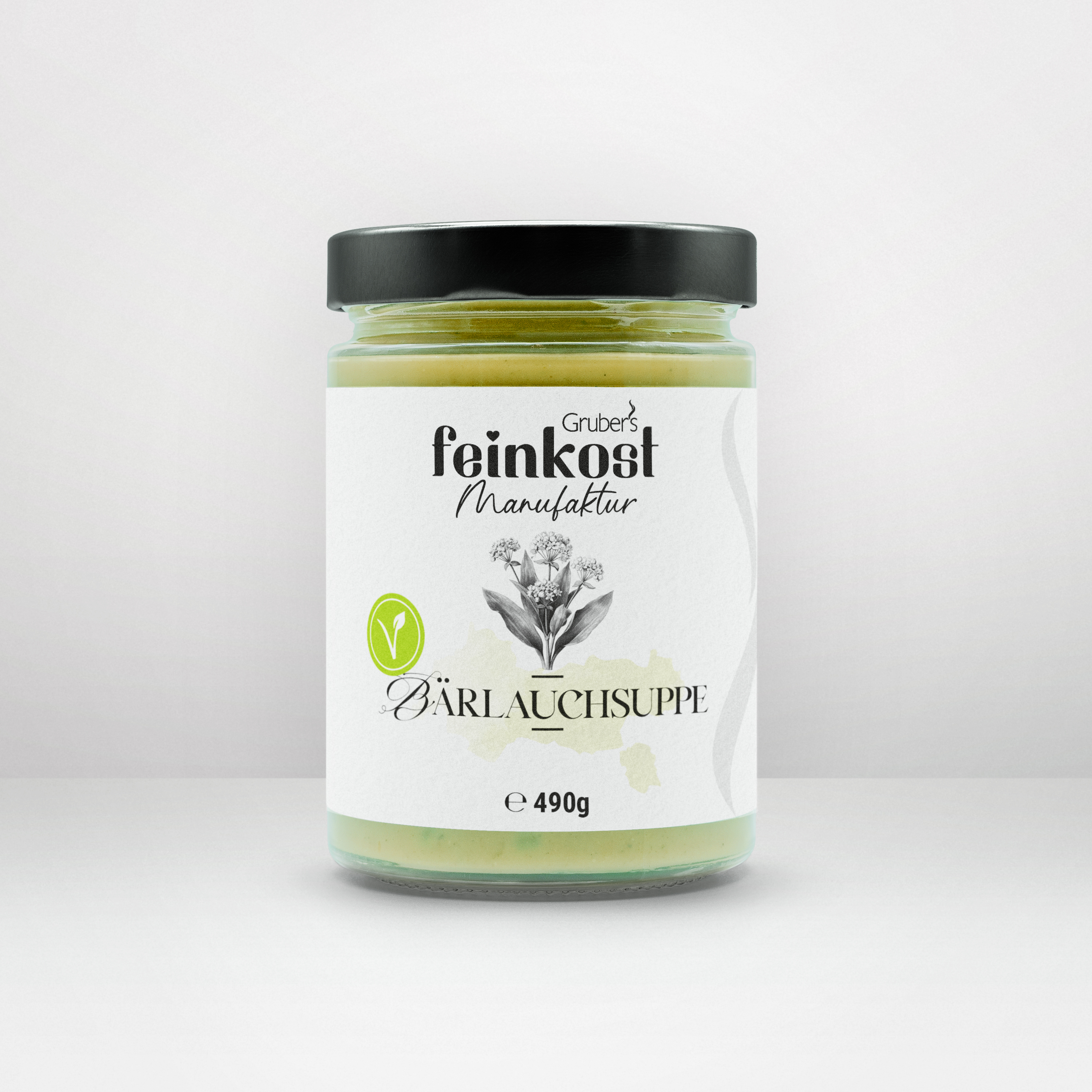 Glas mit 490 g Bärlauchsuppe von Gruber’s Feinkost, cremig und aromatisch zubereitet.