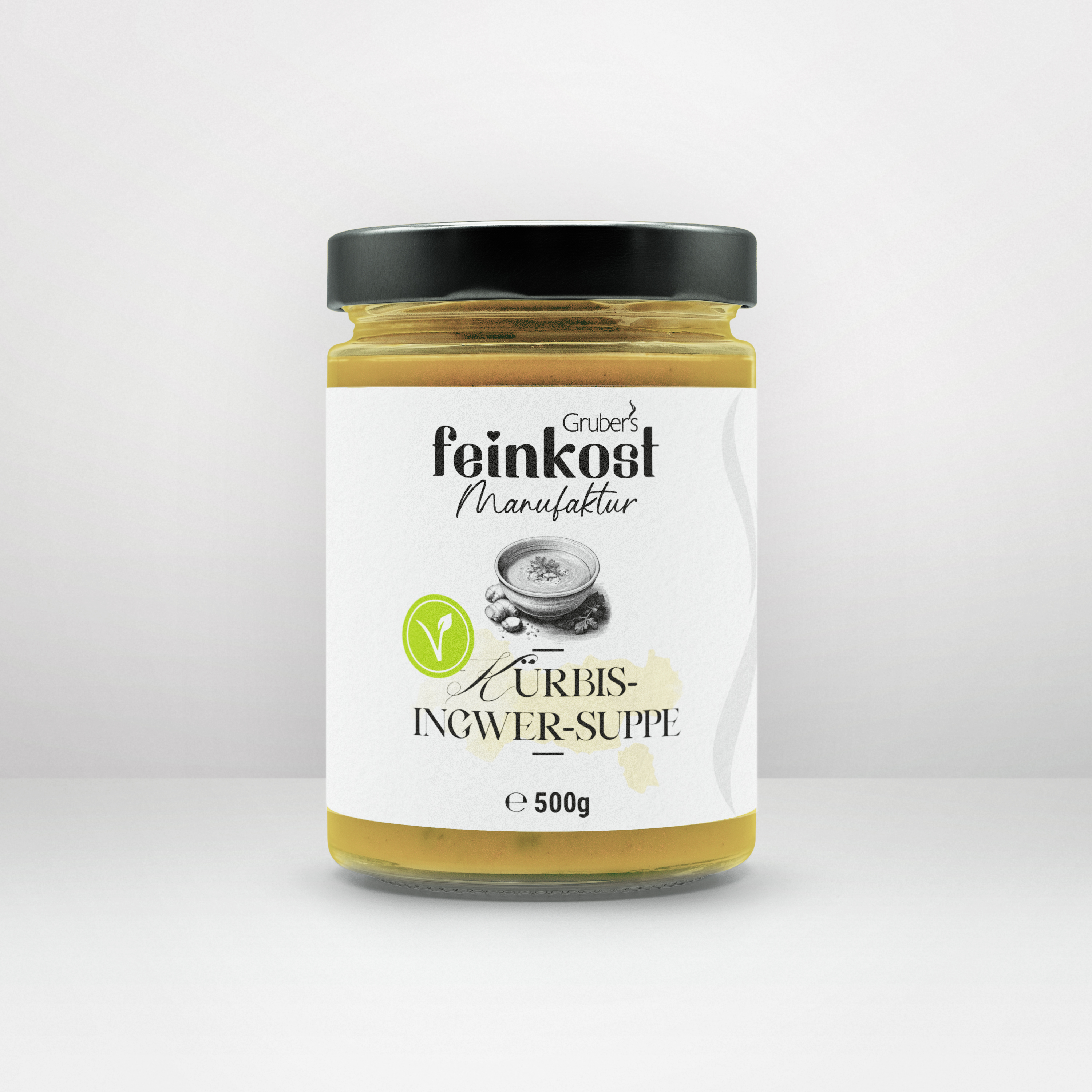 Kürbis-Ingwer-Suppe von Gruber's Feinkost in einem 500g-Glas – eine cremige, aromatische Suppe mit feiner Ingwernote.
