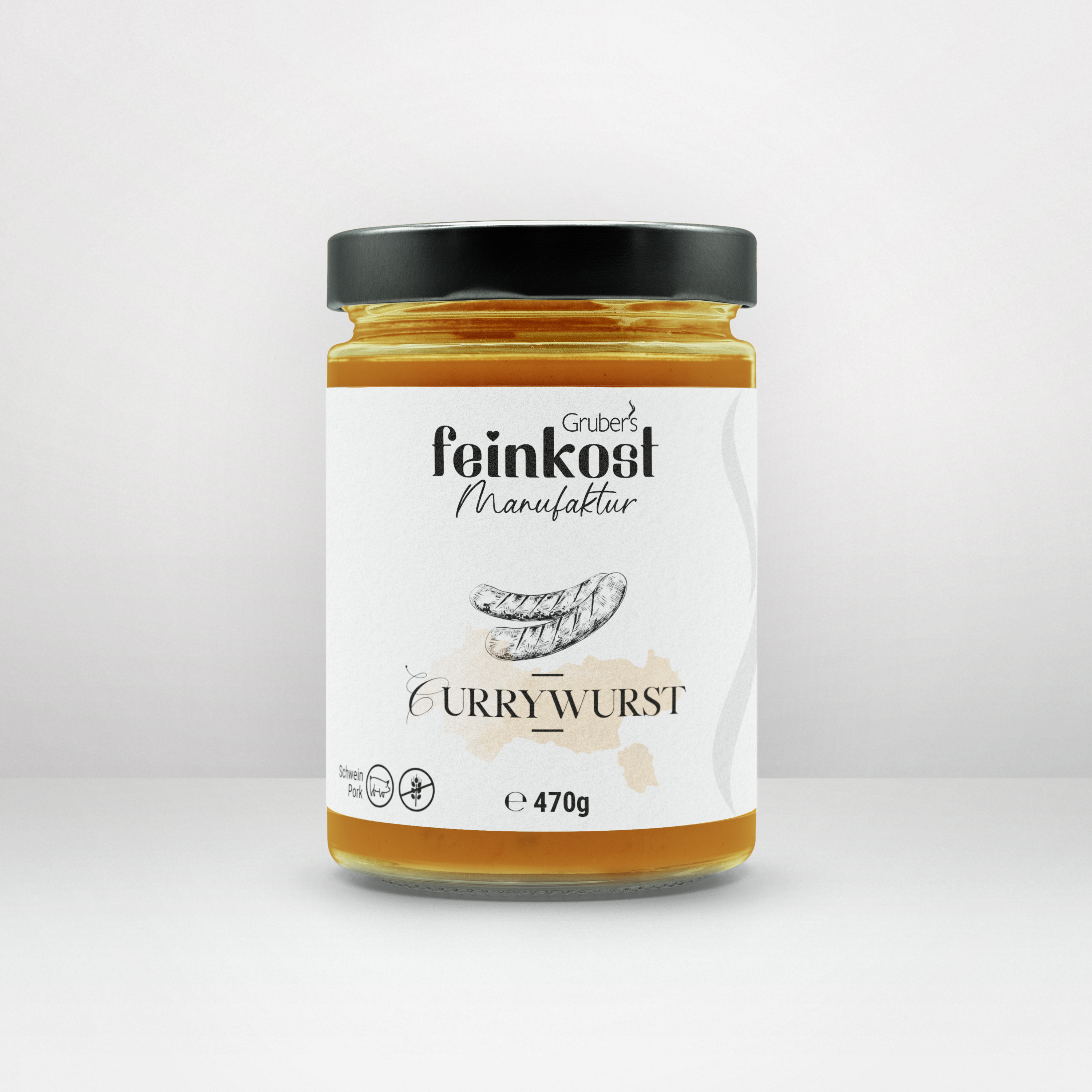 Glas mit Currywurst von Gruber’s Feinkost, 470g.