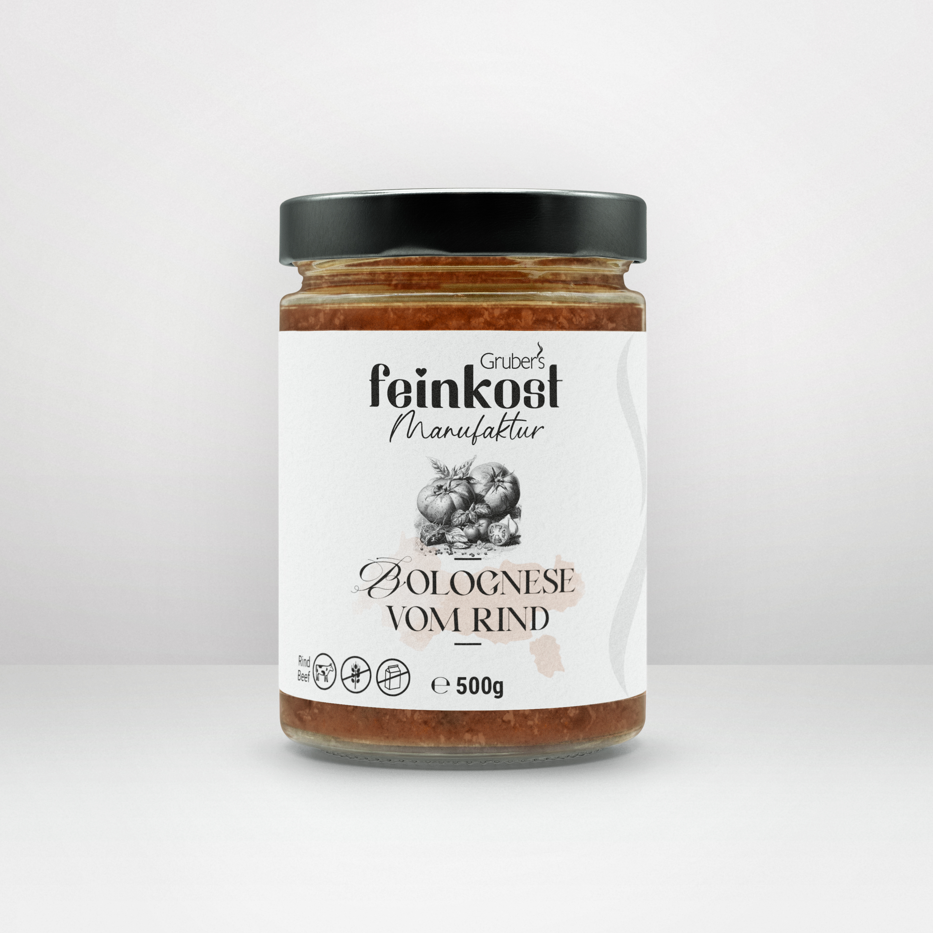 Glas mit 350 g Bolognese vom Rind von Gruber’s Feinkost, mit hochwertiger Zutatenliste und traditioneller Rezeptur.