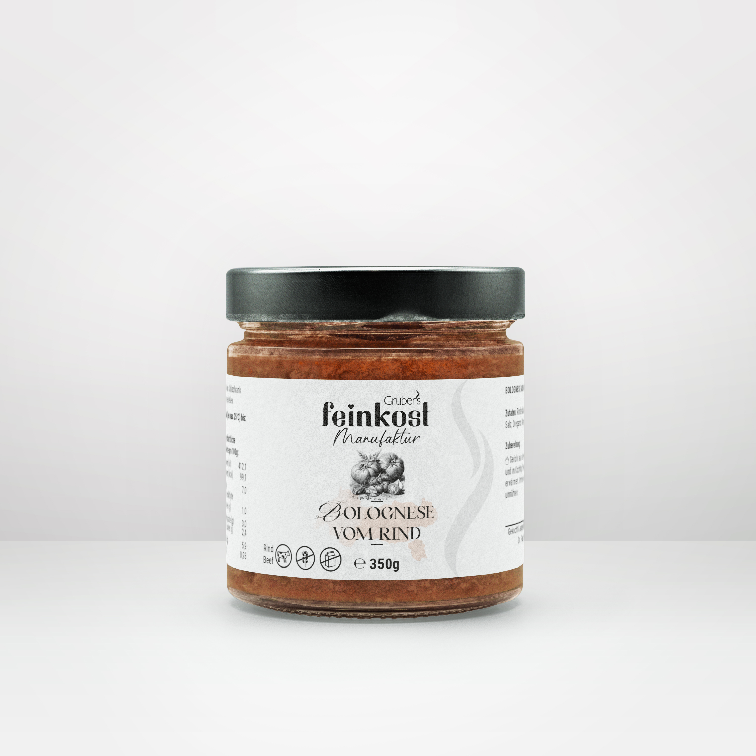 Glas mit 350 g Bolognese vom Rind von Gruber’s Feinkost, mit hochwertiger Zutatenliste und traditioneller Rezeptur.