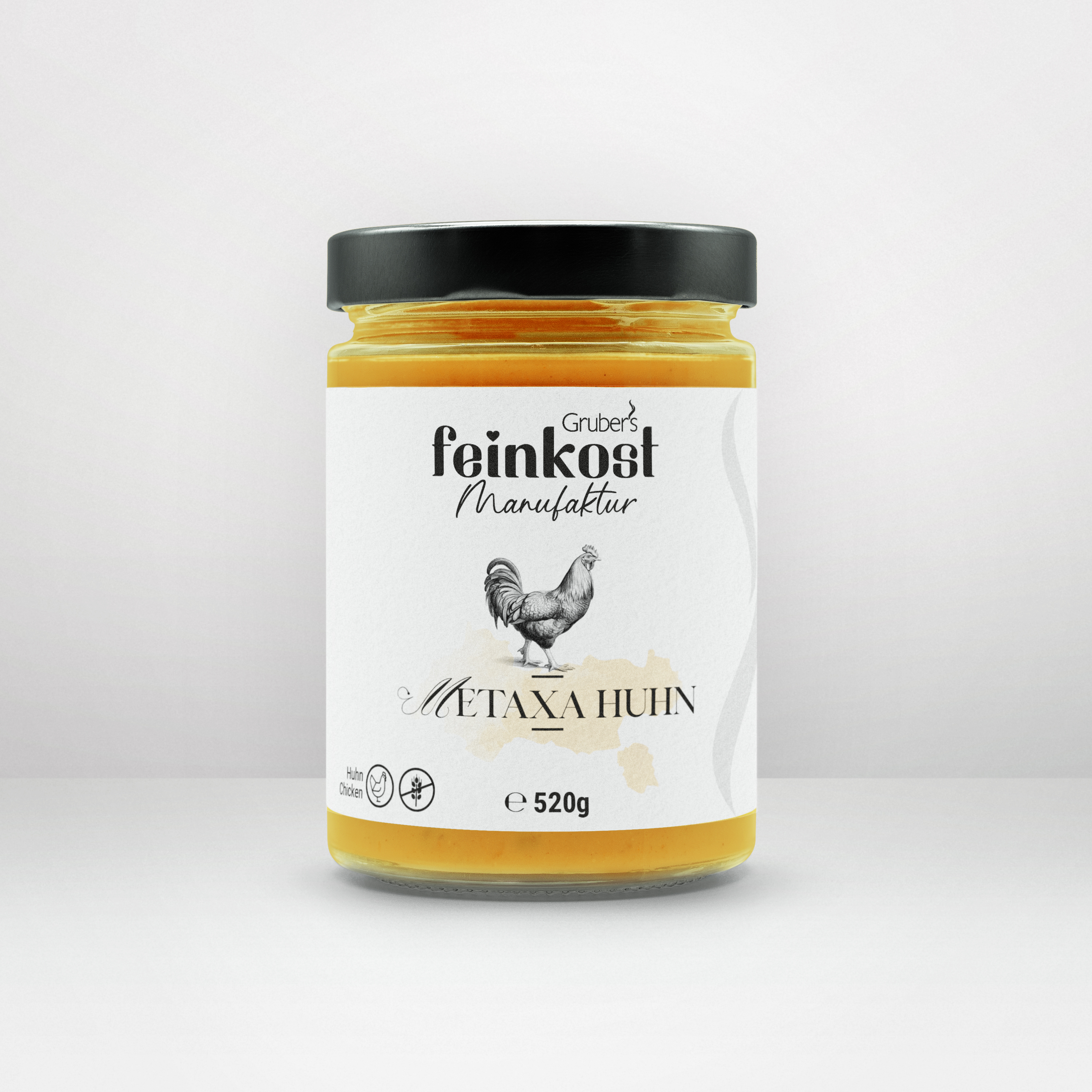 Glas mit Metaxa-Huhn von Gruber’s Feinkost, 520g.