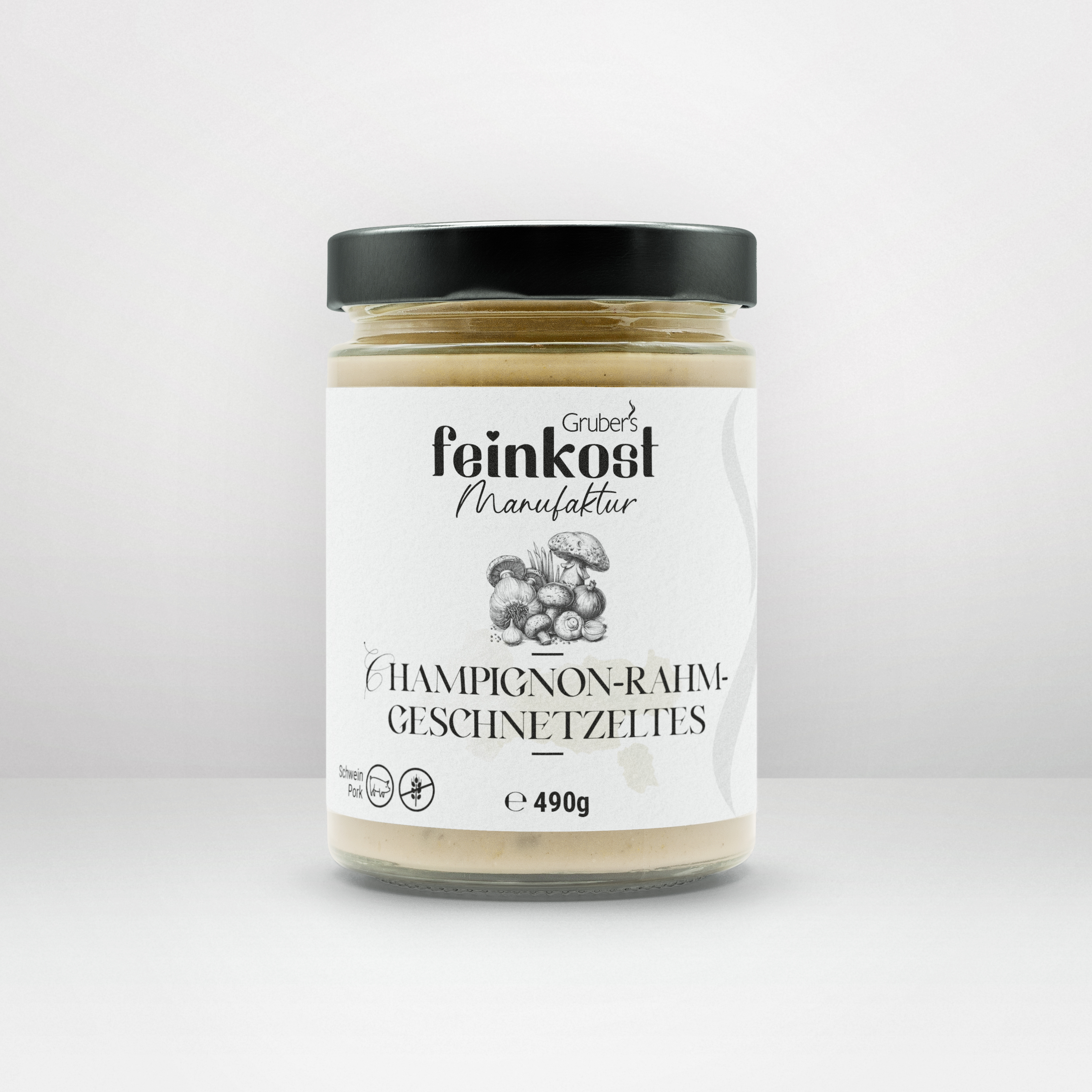 Glas mit Champignon-Rahm-Geschnetzeltem von Gruber’s Feinkost, 490g